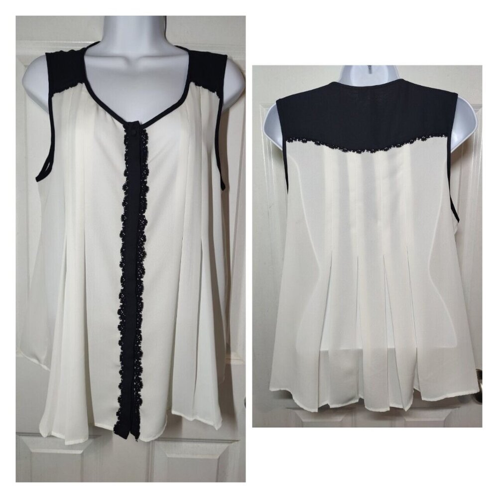 Elle Cream Black Pleated Sleeveless Color-Block Button Up Semi-Sheer Blouse M‎